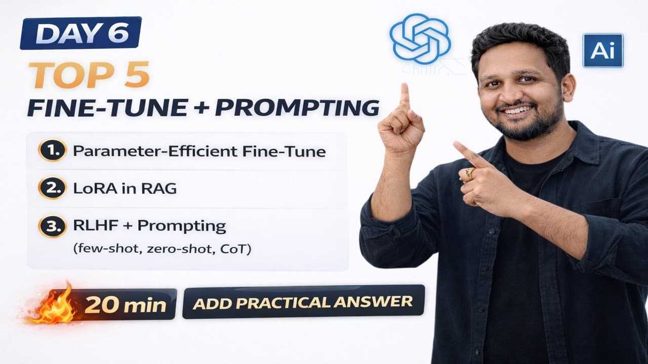 Day 6 🔥 Top 5 GenAI Interview Questions | PEFT, LoRA, RLHF & Prompting — Explained in 20 mins 🚀